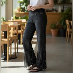 T-Party | Washed Gray Fringe Yoga Pants | Boho Festival Flare Western Cowgirl